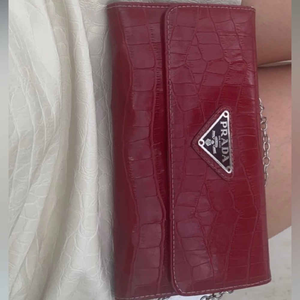 PRADA cherry red crocodile wallet with check book sleeve